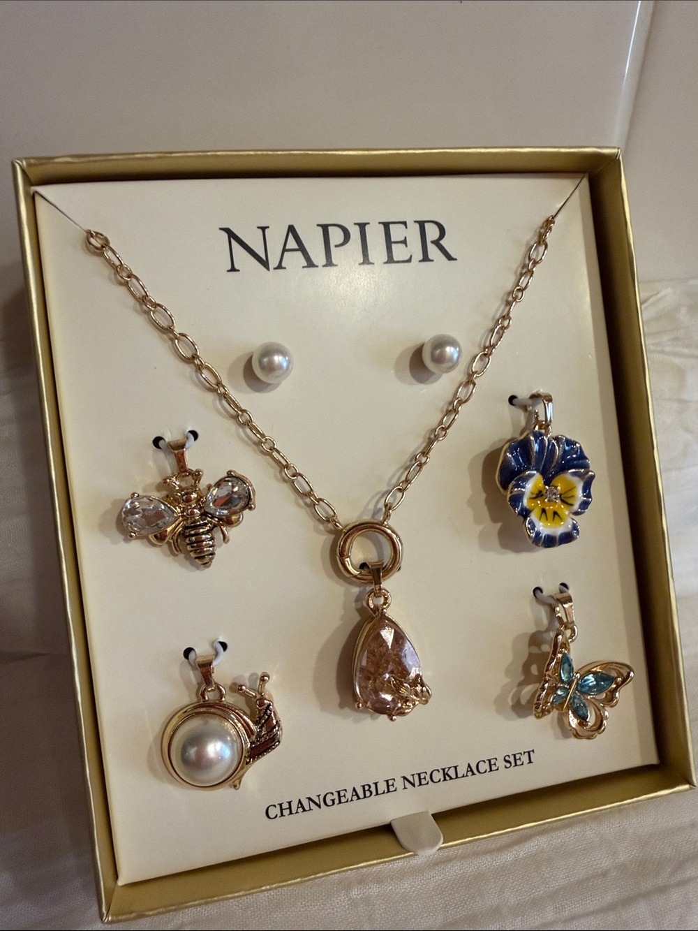 Napier Gold-Tone Necklace Set with Pink Teardrop and Blue-Yellow Floral Charm - Picture 6 of 8